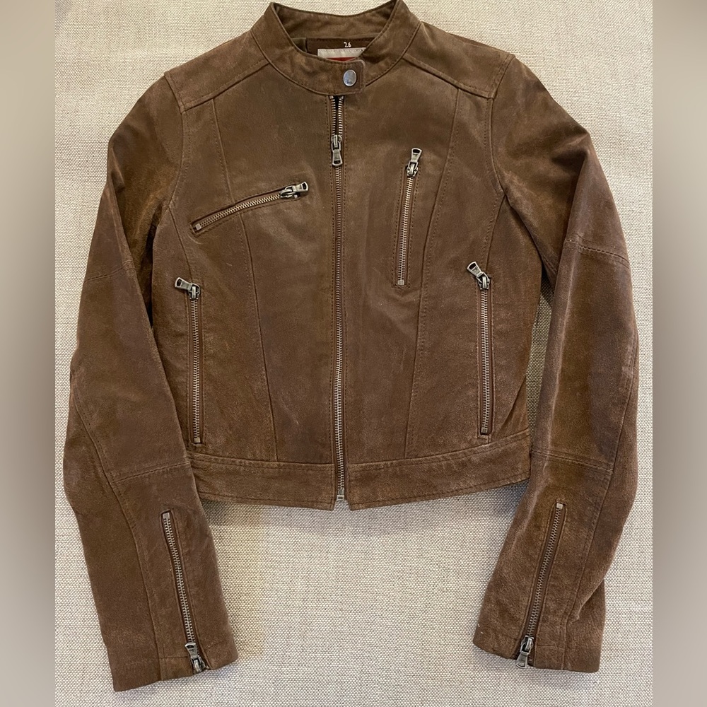 LEVI’S Zipper Pocket Rough Out Suede Cafe Racer Moto Leather Jacket in Brown XS